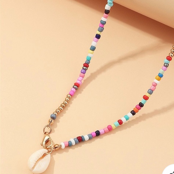 Rainbow Beaded Seashell Gold chain Necklace - Picture 3 of 8